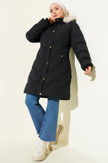 İçi Kürk Detaylı Kapüşonlu Mont Siyah - Mont