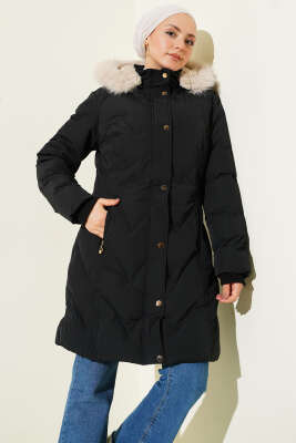 İçi Kürk Detaylı Kapüşonlu Mont Siyah - Mont