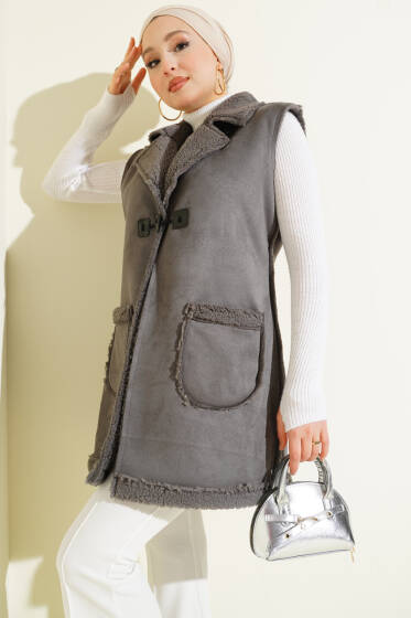 İçi Kürklü Cepli Süet Yelek Füme - Yelek