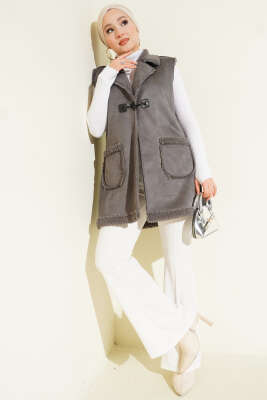 İçi Kürklü Cepli Süet Yelek Füme - Yelek