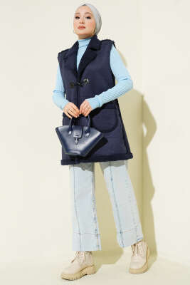 İçi Kürklü Cepli Süet Yelek Lacivert - Yelek