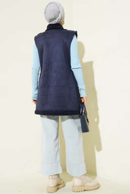 İçi Kürklü Cepli Süet Yelek Lacivert - Yelek