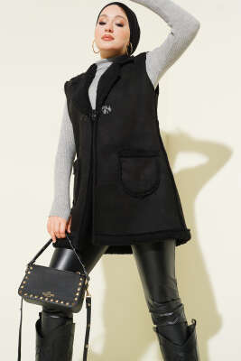 İçi Kürklü Cepli Süet Yelek Siyah - MUSTİ