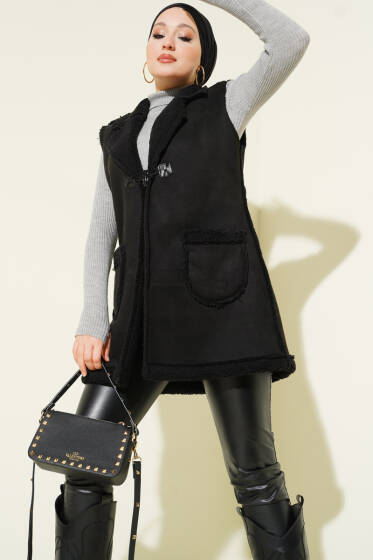İçi Kürklü Cepli Süet Yelek Siyah - Yelek