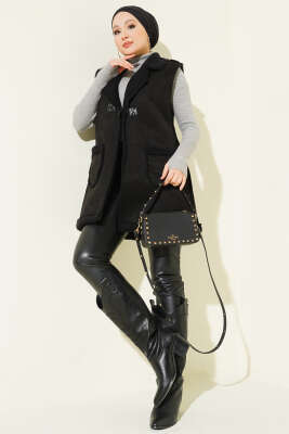 İçi Kürklü Cepli Süet Yelek Siyah - Yelek