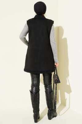 İçi Kürklü Cepli Süet Yelek Siyah - Yelek