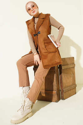 İçi Kürklü Cepli Süet Yelek Taba - Yelek