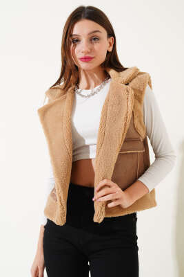 İçi Kürklü Çift Cepli Kısa Yelek Camel - Kadın Giyim Modelleri