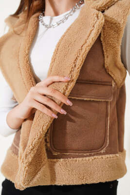 İçi Kürklü Çift Cepli Kısa Yelek Camel - Kadın Giyim Modelleri