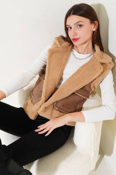 İçi Kürklü Çift Cepli Kısa Yelek Camel - Yeni Giyim