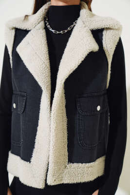 İçi Kürklü Çift Cepli Kot Yelek Füme - Kadın Giyim Modelleri