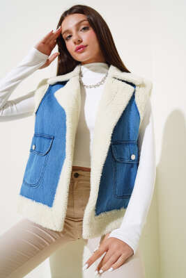 İçi Kürklü Çift Cepli Kot Yelek Mavi - Kadın Giyim Modelleri