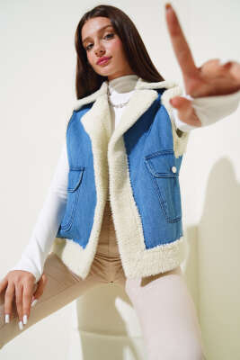 İçi Kürklü Çift Cepli Kot Yelek Mavi - Kadın Giyim Modelleri