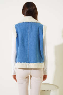 İçi Kürklü Çift Cepli Kot Yelek Mavi - Kadın Giyim Modelleri