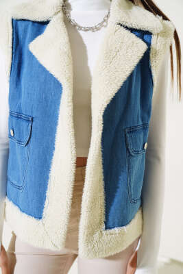 İçi Kürklü Çift Cepli Kot Yelek Mavi - Kadın Giyim Modelleri