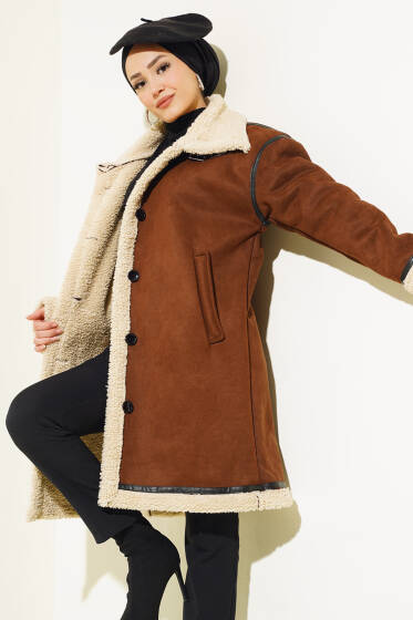 İçi Kürklü Deri Detaylı Süet Kaban Kahve - Kaban