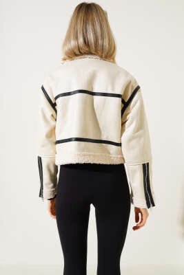 İçi Kürklü Deri Kısa Mont Krem - Kadın Giyim Modelleri