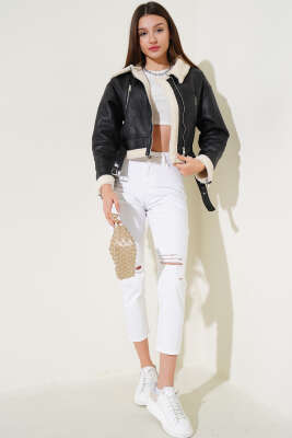 İçi Kürklü Deri Kısa Mont Siyah - Kadın Giyim Modelleri