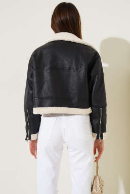 İçi Kürklü Deri Kısa Mont Siyah - Kadın Giyim Modelleri