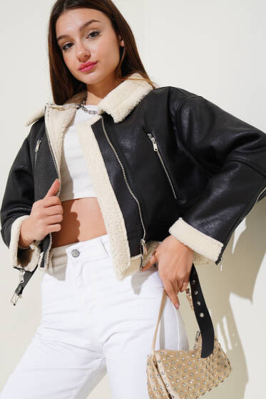 İçi Kürklü Deri Kısa Mont Siyah - Yeni Giyim