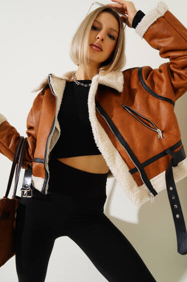 İçi Kürklü Deri Kısa Mont Taba - Yeni Giyim