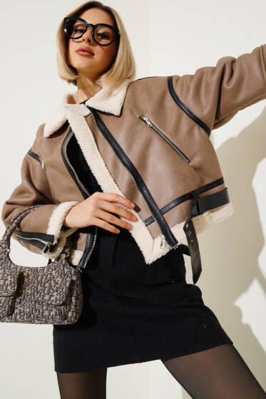 İçi Kürklü Deri Kısa Mont Vizon - Kadın Giyim Modelleri