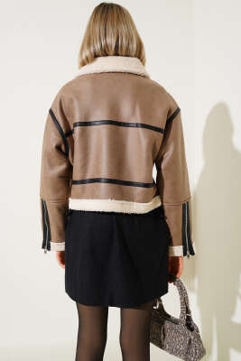 İçi Kürklü Deri Kısa Mont Vizon - Kadın Giyim Modelleri