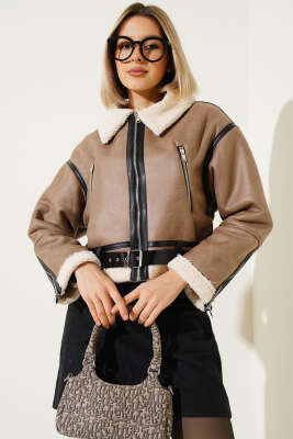 İçi Kürklü Deri Kısa Mont Vizon - Kadın Giyim Modelleri