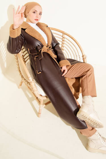 İçi Kürklü Deri Uzun Kaban Acı Kahve - Kaban