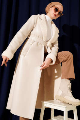 İçi Kürklü Deri Uzun Kaban Bej - MUSTİ