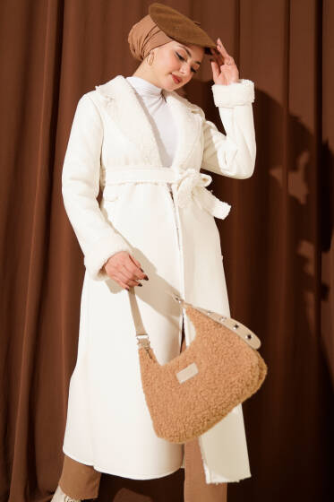 İçi Kürklü Deri Uzun Kaban Ekru - Kaban