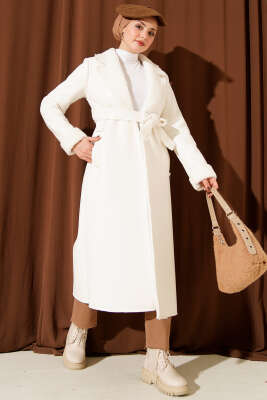 İçi Kürklü Deri Uzun Kaban Ekru - Kaban