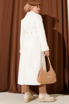 İçi Kürklü Deri Uzun Kaban Ekru - Kaban