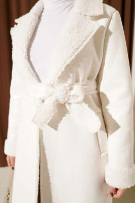 İçi Kürklü Deri Uzun Kaban Ekru - Kaban