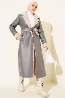 İçi Kürklü Deri Uzun Kaban Füme - Kaban