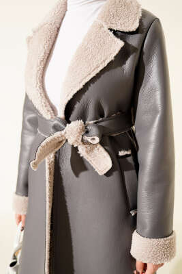 İçi Kürklü Deri Uzun Kaban Füme - Kaban