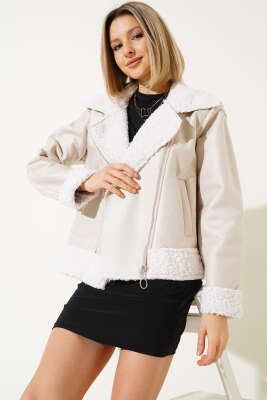 	 İçi Kürklü Fermuarlı Deri Mont Taş 