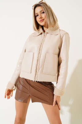 İçi Kürklü Fermuarlı Kısa Mont Bej - Kadın Giyim Modelleri