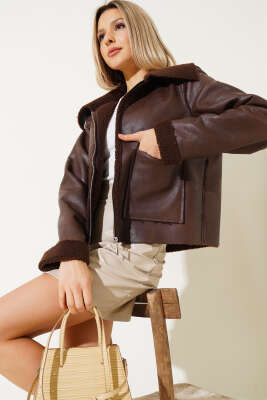 İçi Kürklü Fermuarlı Kısa Mont Kahve - Kadın Giyim Modelleri