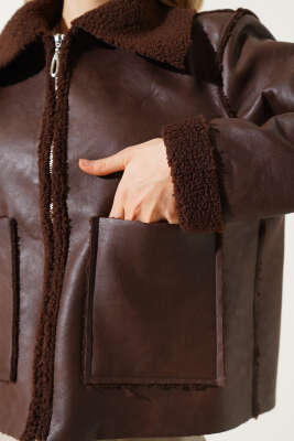 İçi Kürklü Fermuarlı Kısa Mont Kahve - Kadın Giyim Modelleri