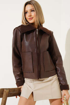 İçi Kürklü Fermuarlı Kısa Mont Kahve - Kadın Giyim Modelleri