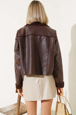 İçi Kürklü Fermuarlı Kısa Mont Kahve - Kadın Giyim Modelleri