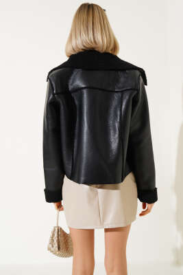 İçi Kürklü Fermuarlı Kısa Mont Siyah - Kadın Giyim Modelleri