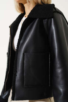 İçi Kürklü Fermuarlı Kısa Mont Siyah - Kadın Giyim Modelleri