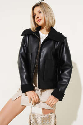 İçi Kürklü Fermuarlı Kısa Mont Siyah - Kadın Giyim Modelleri