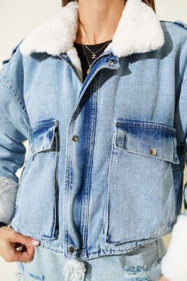 İçi Kürklü Fermuarlı Kot Kısa Mont Kot Mavisi - Kadın Giyim Modelleri