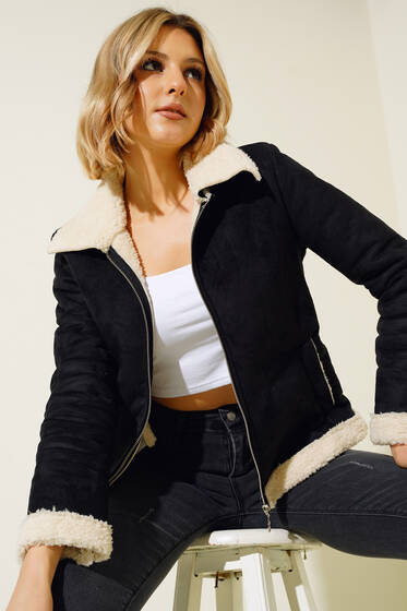 İçi Kürklü Kısa Süet Mont Siyah - Kadın Giyim Modelleri