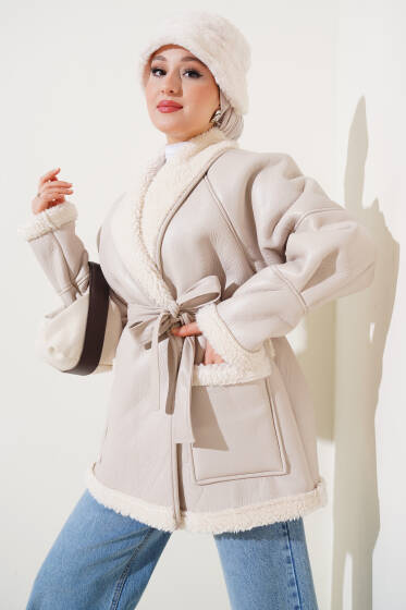 İçi Kürklü Kuşaklı Deri Mont Bej - Mont