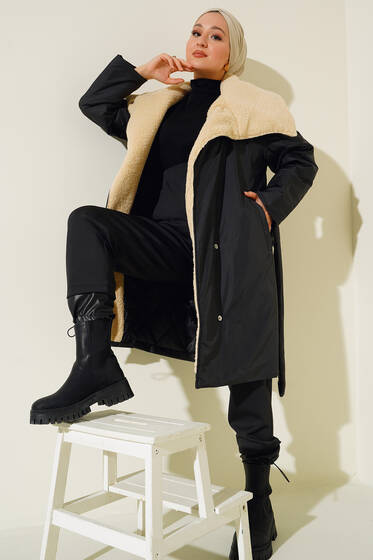İçi Kürklü Kuşaklı Mont Siyah - Mont