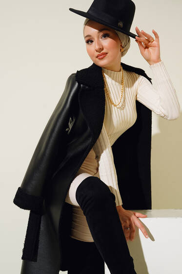 İçi Kürklü Uzun Deri Kaban Siyah - Kaban